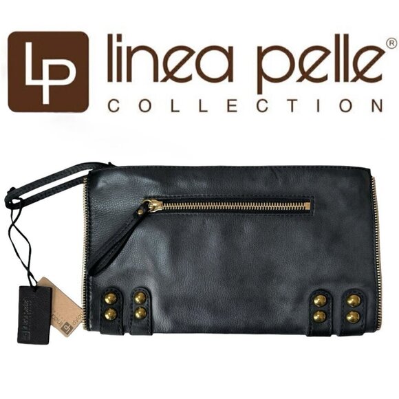 NWT Linea Pelle Dylan Large Clutch Black Leather Double Zip Studded Boho Y2K - Picture 1 of 13